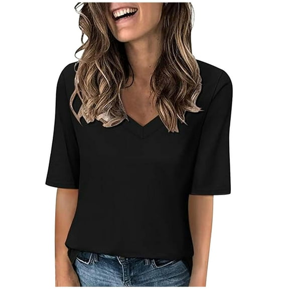 Womens Shirts Blouses Half Sleeve V Neck Loose Fit Printed Elbow Length Sleeve Womens Tee