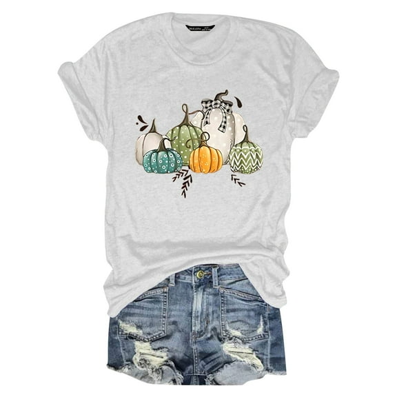 Womens Shirts Blouses Short Sleeve Round Neck Pumpkin Fruit Printed Womens Tee,White,S