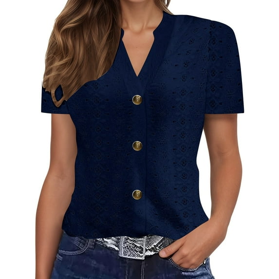 Womens Shirts Blouses Solid Color V-Neck Button Print Short Sleeve Plus Size Womens Clothing,BU2,XL