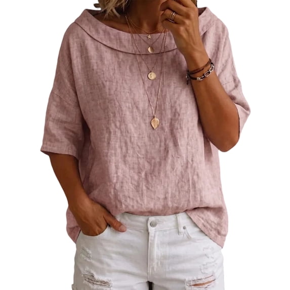 Womens Shirts Boat Neck Half Sleeve Linen Blouse Casual Loose Fit Solid Color Cotton Linen Summer Lightweight Tops Pink S