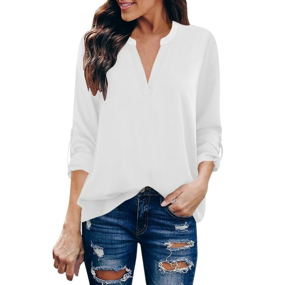 Womens Shirts Business Casual Fall Tops Long Sleeve Chiffon V Neck 3/4 Sleeve Office Wear Women's T-Shirts White L