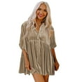 thumbnail image 1 of Womens Shirts Business Casual Fall Tops Long Sleeve Velvet Dress Button Down 3/4 Sleeve Lapel Mini Dress Womens Tshirts Trendy Khaki M, 1 of 6