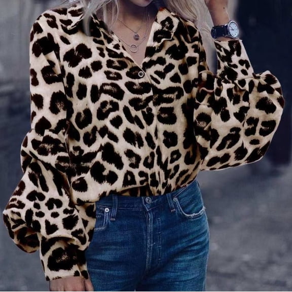 Womens Shirts Button Down Printed Lantern Long Sleeve Blouse Fashion Casual Tops