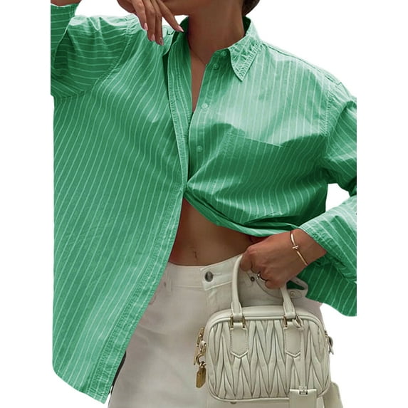 Womens Shirts Button Down Stripe Long Sleeve Blouse Fashion Casual Tops 2025 Dark Green M