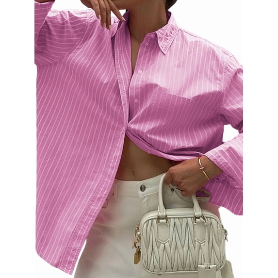 Womens Shirts Button Down Stripe Long Sleeve Blouse Fashion Casual Tops 2025 Pink S