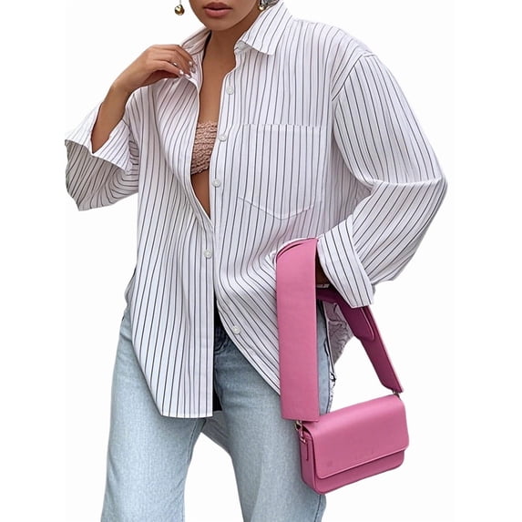 Womens Shirts Button Down Stripe Long Sleeve Blouse Fashion Casual Tops 2025 White XL