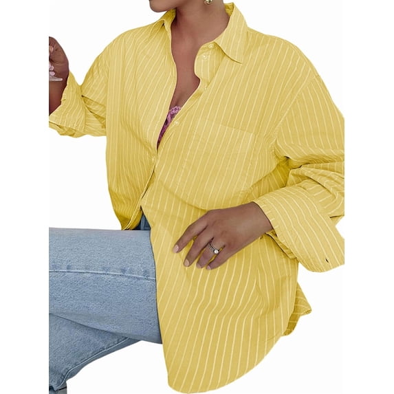 Womens Shirts Button Down Stripe Long Sleeve Blouse Fashion Casual Tops 2025 Yellow L