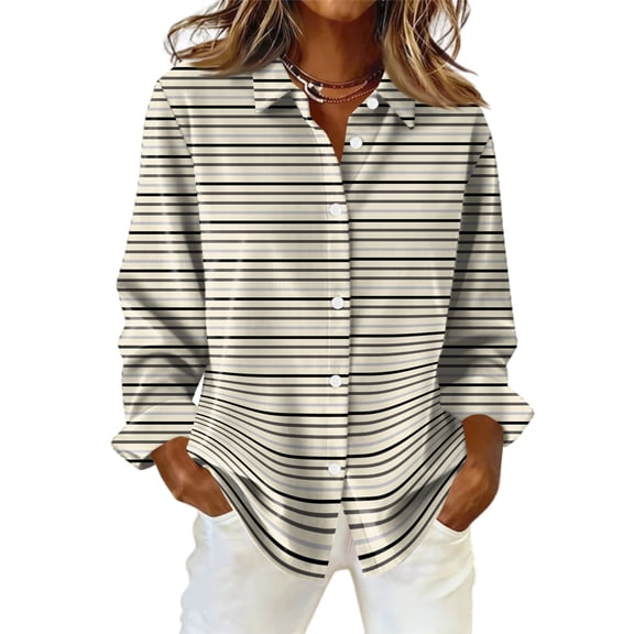 Womens Shirts Button Down Stripe Long Sleeve Shirt Blouses Lightweight Business Dressy Casual Top Beige L