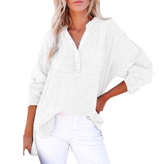 Womens Shirts Casual Button V Neck Long Sleeve Shirts Oversized Solid Blouses Tops Workout Tops