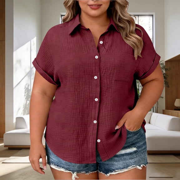 Womens Shirts Casual New Women's Plus Size Short Sleeve Button down Shirt with Notch Collar and Patch Pockets Style B-95 Wine 4XL