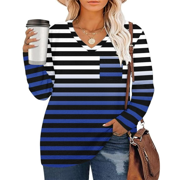Womens Shirts Casual Plus Size with Pocket Plus Size Cute T Shirts Short Sleeve V Neck Striped Blouses Summer Clothes Blue XL