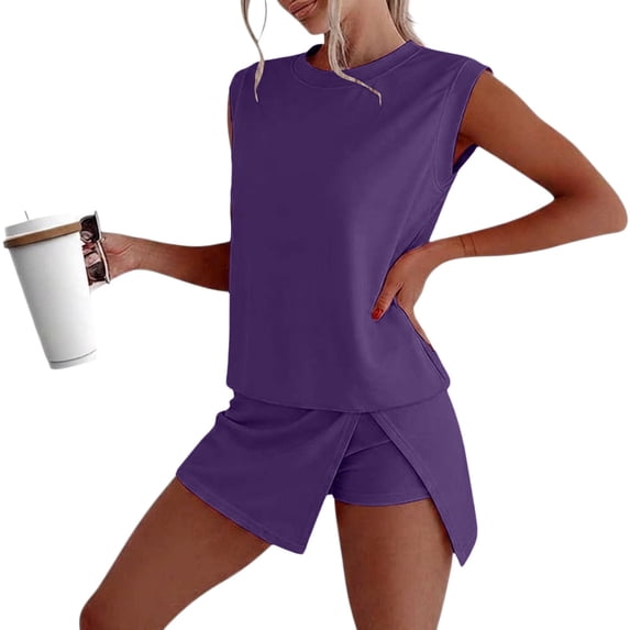 Womens Shirts Casual Solid Color Short Sleeve 2 Piece Skirt Sets Skirt Sets Women 2 Piece Outfits Purple L