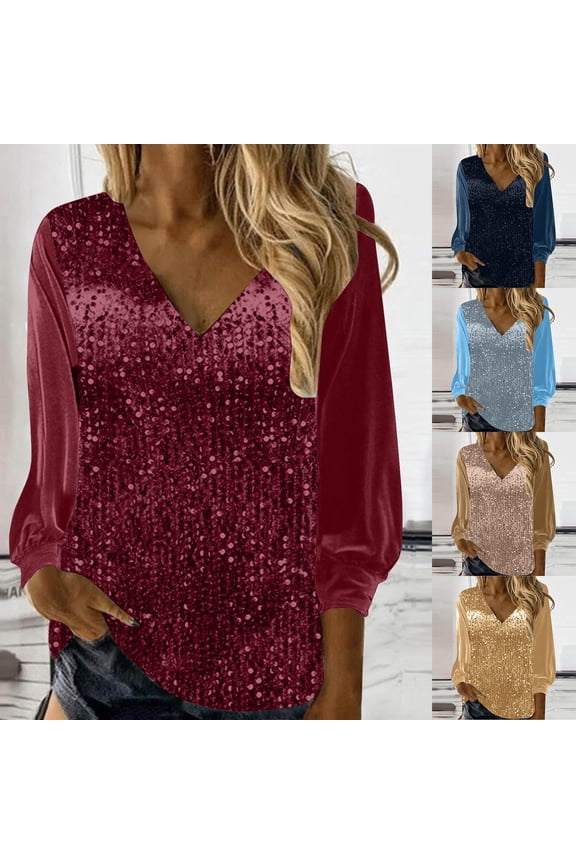 Womens Shirts Casual V Neck Shiny Sequin Top Elegant Sequin Long Sleeve Shirt Loose Version Of Sequin Shirt Blouses