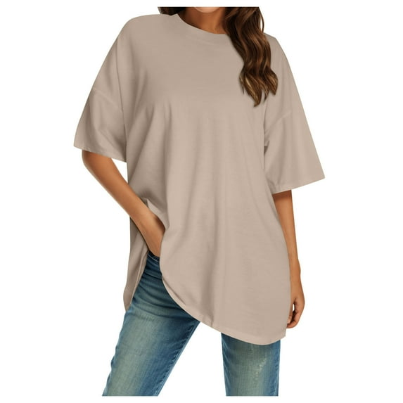 Womens Shirts Casual Women Plus Size T Shirt Solid Color Round Neck Short Sleeve Top Women Tshirt Beige XL