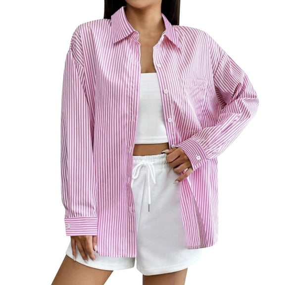 Womens Shirts Casual, Yigetop Women's Striped Button Shirt Cardigan Top Loose Casual Long Sleeve Shirt for Women Striped Shirt Women Pink S