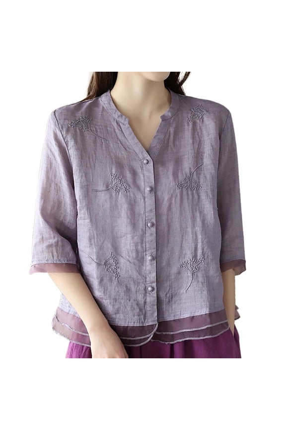 Womens Shirts Casual Young Womens Tops Vintage Linen Embroidered Cardigan Shirt for Women Design Slim Fit Blouse With Patchwork Details Stylish Top