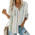 thumbnail image 1 of Womens Shirts Fashion V Neck Striped Roll Up Sleeve Blouses Tops with Pocket, 1 of 6