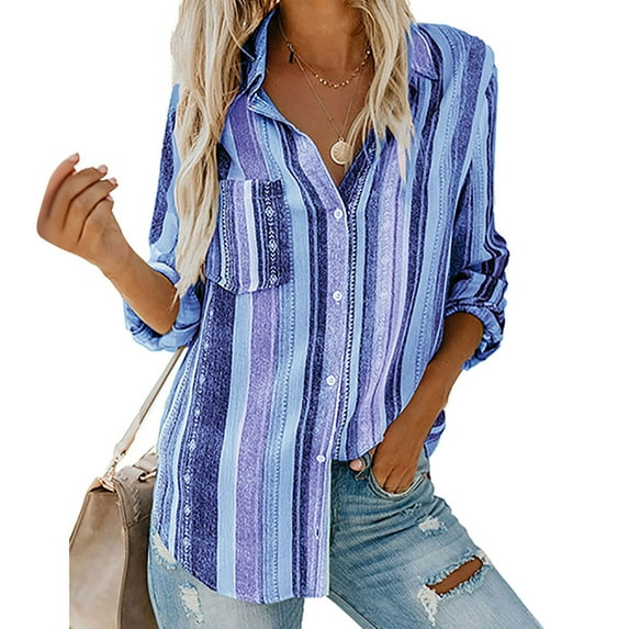 Womens Shirts Fashion V Neck Striped Roll Up Sleeve Blouses Tops with Pocket