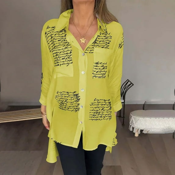 Womens Shirts Women's Blouses with Short Sleeves Lapel Irregular Front Short Back Long Printed Long Sleeved Shirt