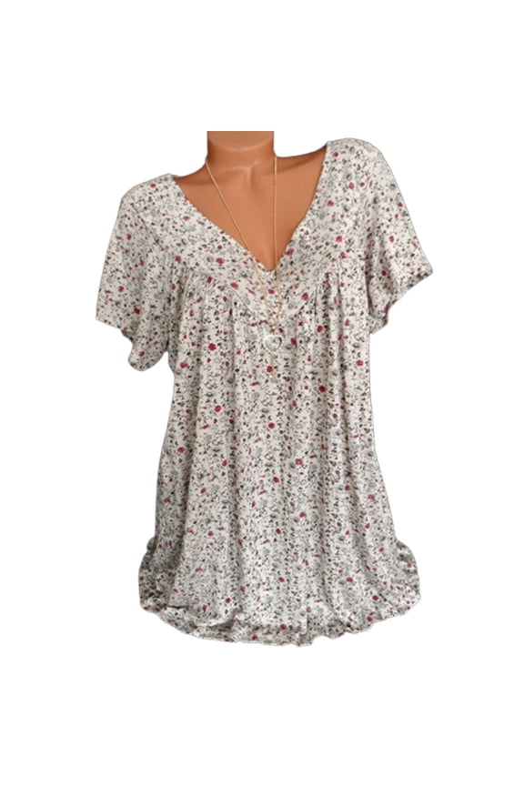 Pntutb Women's Plus Size Short Sleeve V-Neck Print Blouse Pullover Tops Shirt