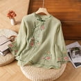 thumbnail image 1 of Womens Shirts Cotton Linen 3/4 Sleeve Embroidered Chinese Traditional Mandarin Collar Button Blouse Summer Trendy Tops Green L, 1 of 4