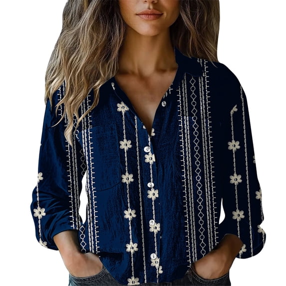 Womens Shirts Cotton Print Button Down Long Sleeve Spring Summer T Shirts for Women Blue 2Xl