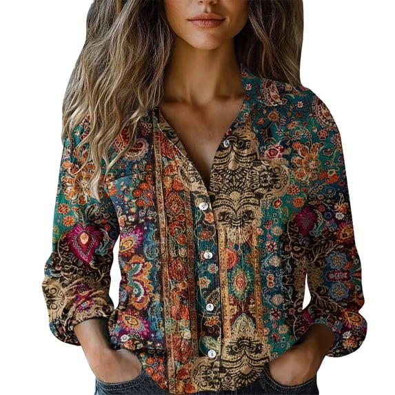 Womens Shirts Cotton Print Button Down Long Sleeve Spring Summer T Shirts for Women Brown L