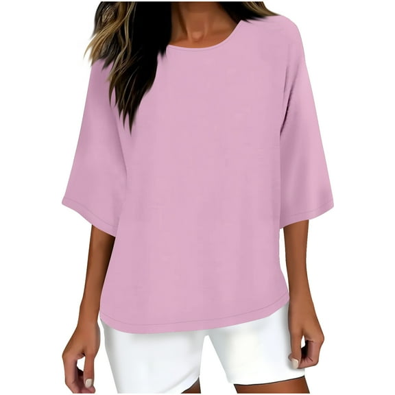 Womens Shirts Crewneck 3/4 Sleeve T-shirts Summer Casual Loose Solid Tees
