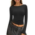 thumbnail image 1 of Womens Shirts Crop Top Crewneck Solid Slim Fit Long Sleeve Womens Shirts Black Size XS, 1 of 5