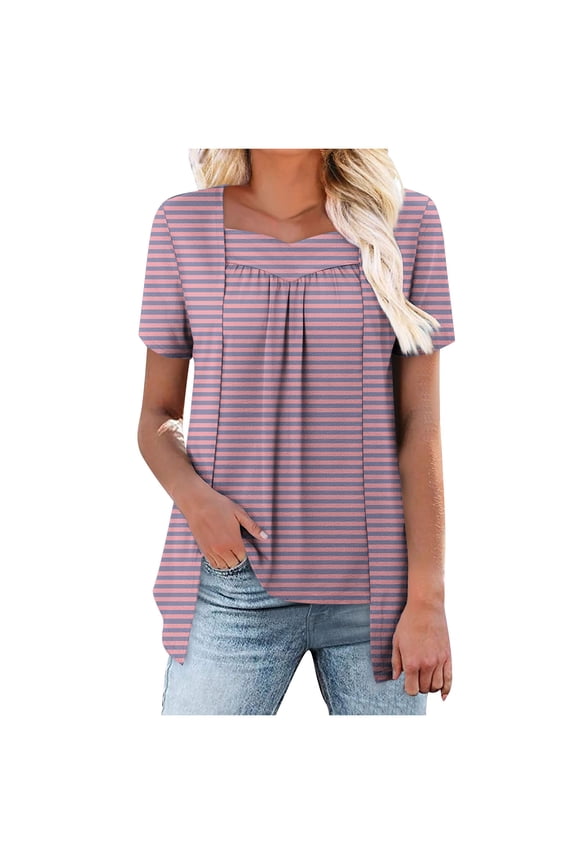 Womens Shirts Cute Summer Striped Tunic Tops Dressy Casual Short Sleeve Fake Two Piece T-Shirts Loose Fit Lightweight Blouses Sweetheart Neckline Ruffle Top Trendy Clothes