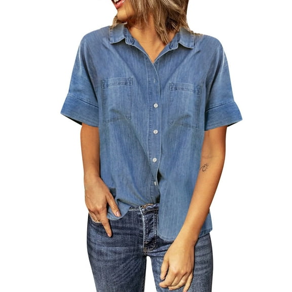 Womens Shirts Denim Button Down Shirt Short Sleeve Loose Fit Tops Cotton Denim Tops With Chest Pockets Workout Tops