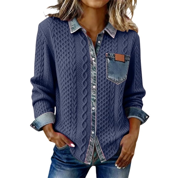 Womens Shirts Denim Sweater For Collar Button Up Patchwork Denim Pullover Shirt Knit Jean Sweater Casual Wear Blouses Workout Tops