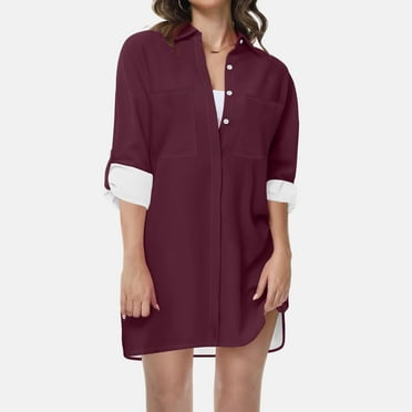Womens Shirts Dress Casual Roll-Up Sleeve Button Down Tunic Shirts Fashion Solid Loose Fit Blouse Tops with Pocket