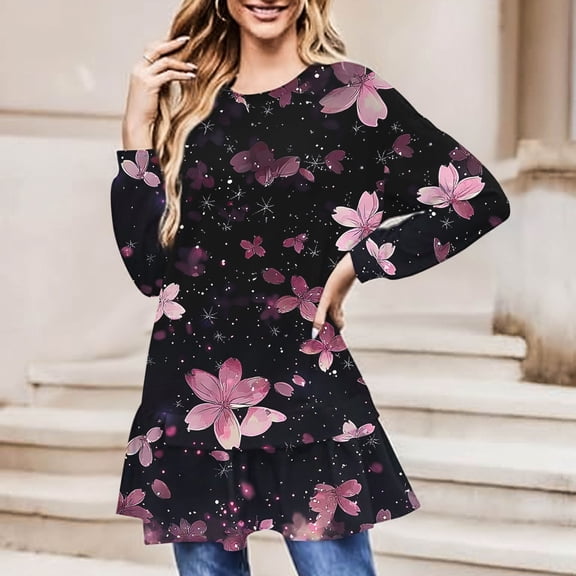 Womens Shirts Dresses Fashion Color Block Printed Blouses Top Loose Casual Round Neck Shirts Ruffle Hem Pleated Pullover Dress