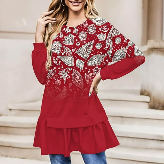 Womens Shirts Dresses Fashion Color Block Printed Blouses Top Loose Casual Round Neck Shirts Ruffle Hem Pleated Pullover Dress