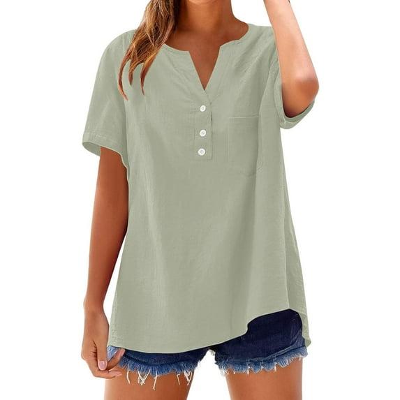 Womens Shirts Dressy Casual! Comdrip Cotton Linen Shirts for Women Summer Button Down Tops Short Sleeve Casual Blouses Oversized Tshirts 2025 Henley Shirts for Women Green XL
