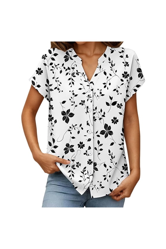 Womens Shirts Dressy Casual Floral Print Short Sleeve Blouse for Women Split Neck Classic Collar Button Down Business Daily Top White M