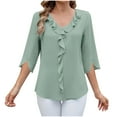 thumbnail image 1 of Womens Shirts Dressy Casual New Women's Mid Sleeved Solid Color V-Neck Shirt with Pleated Ruffle Edges Fashionable and Loose Women's Top Light Blue Xl, 1 of 4