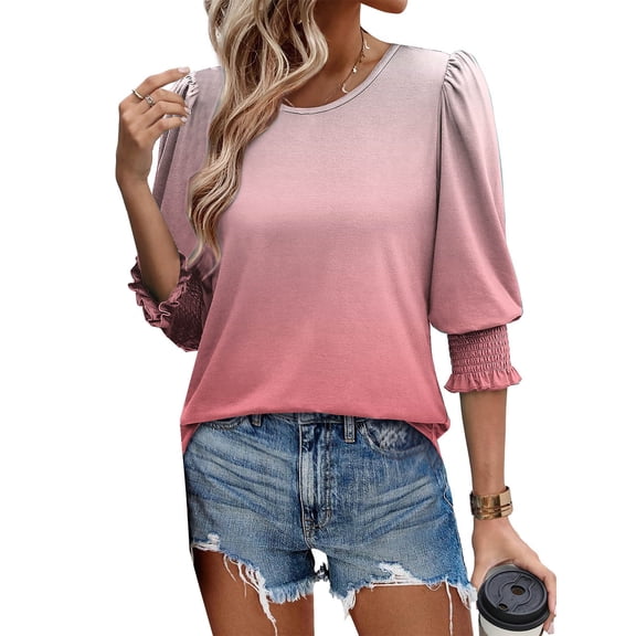 Womens Shirts Dressy Casual Sevevn Womens Casual Printed 3/4 Length Sleeve Smocked Cuffs Shirt