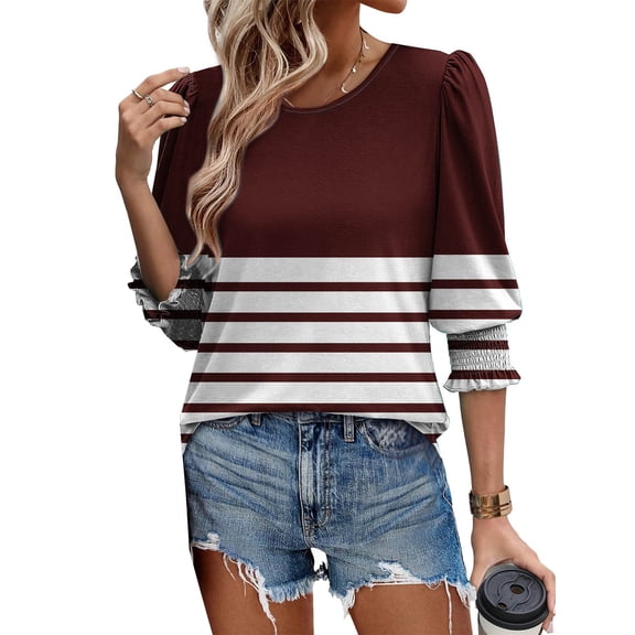 Womens Shirts Dressy Casual Sevevn Womens Casual Printed 3/4 Length Sleeve Smocked Cuffs Shirt