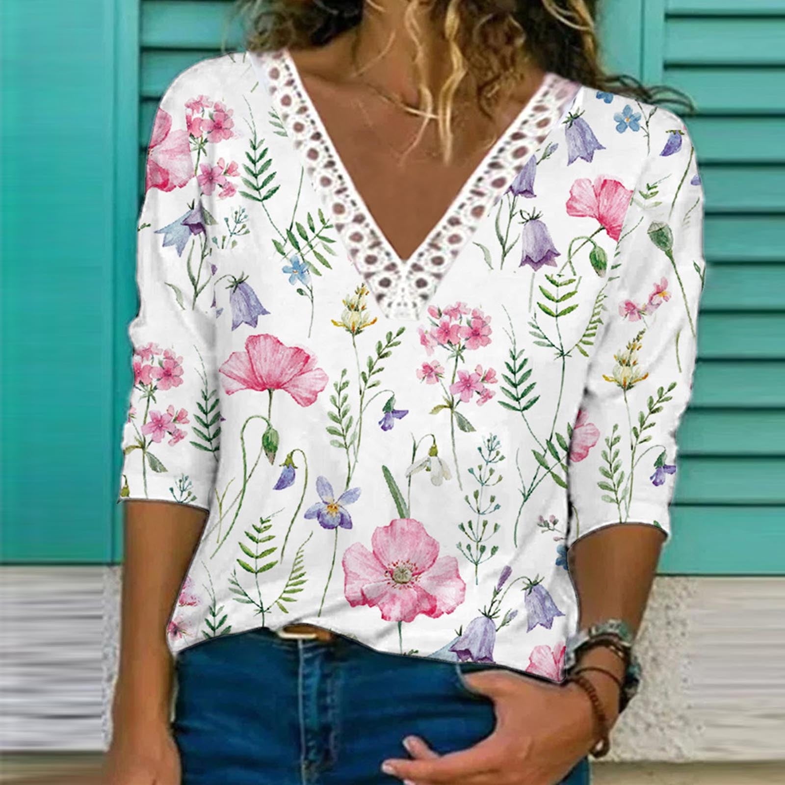 Womens Shirts Dressy Casual, Women's Casual Sexy Fashion Print Loose V-  Neck Long Sleeve T-Shirt Top Blusa Para Mujer Elegante 