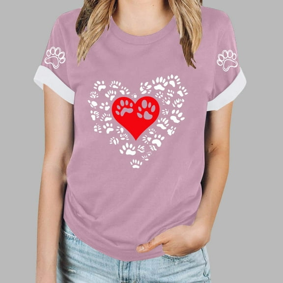 Womens Shirts Fashion Blouses Cute Dog Paw Heart Letter Print Loose T-Shirts Summer Short Sleeve Round Neck Tops