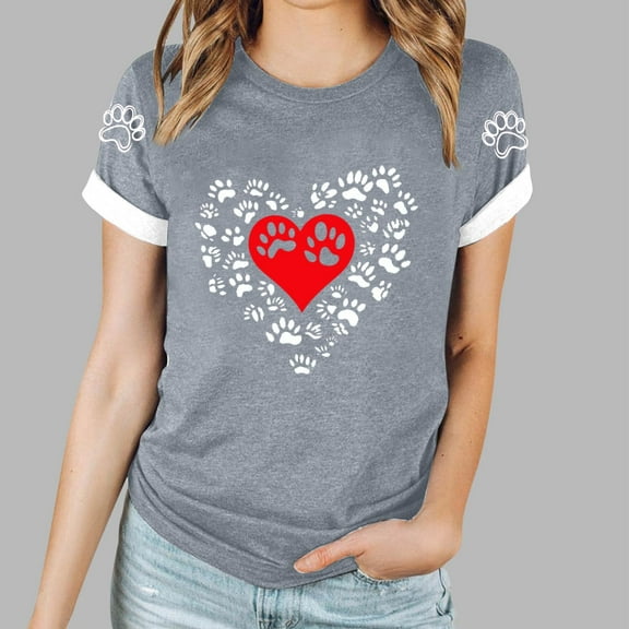 Womens Shirts Fashion Blouses Cute Dog Paw Heart Letter Print Loose T-Shirts Summer Short Sleeve Round Neck Tops
