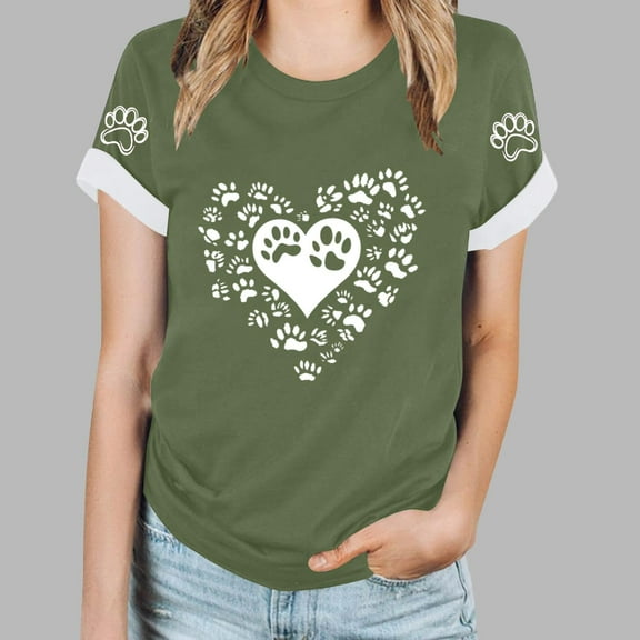 Womens Shirts Fashion Blouses Cute Dog Paw Heart Letter Print Loose T-Shirts Summer Short Sleeve Round Neck Tops