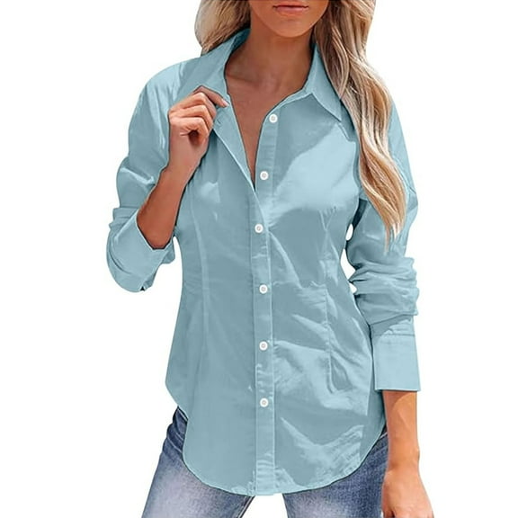 Womens Shirts Fashion Lapel Long Sleeve Linen Button Solid Color Slim Fit Shirt