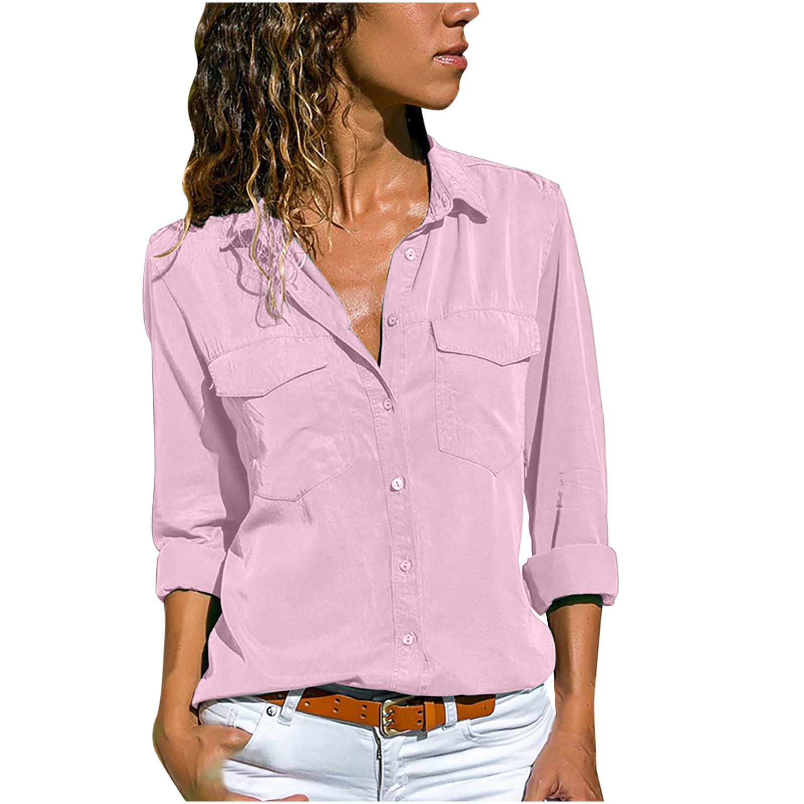 Womens Shirts Fashion Solid Color Lapel Button Down Henley Blouses
