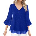 thumbnail image 1 of Womens Shirts Glitter Tops Sequin V Neck Blouse Skirt Ruffled Sleeves Festive Blouses for Parties New Year's Outfits Fashion Clothing, 1 of 6