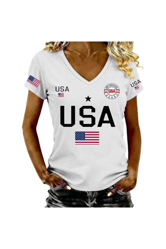 Womens Shirts Gsakboxl Women Trendy V Neck Patriotic Tee 250th Anniversary American Flag Print Short Sleeve Fashion Casual Graphic T Shirt Ideal For Young Daily Holiday Womens Summer Tops L