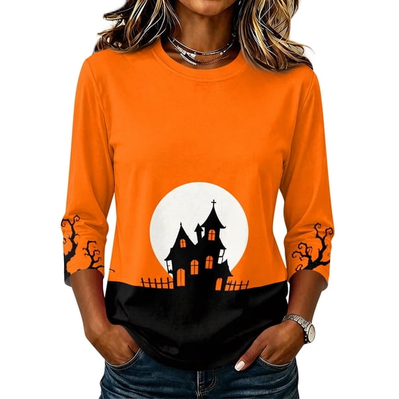 Womens Shirts Halloween Funny 3/4 Sleeve Pullover Horror Castle Printed Tops Spooky Crew Neck T Shirts Holiday Three Quarter Length Blouses, S