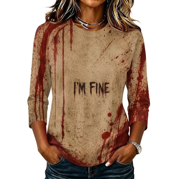 Womens Shirts Halloween Funny 3/4 Sleeve T Shirts Horror Halloween Printed Tops Spooky Crew Neck Pullover Holiday Three Quarter Length Blouses, L